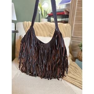 Lucky Brand Y2K Boho Woven Shredded Leather Fringe Hobo Bag Brown